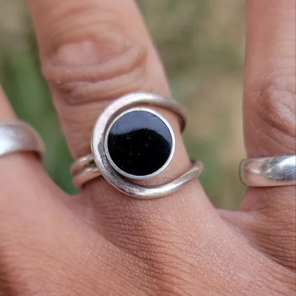 Vintage Southwestern modernist 925 sterling silver MEXICO onyx inlay ring TAXCO - Picture 11 of 17